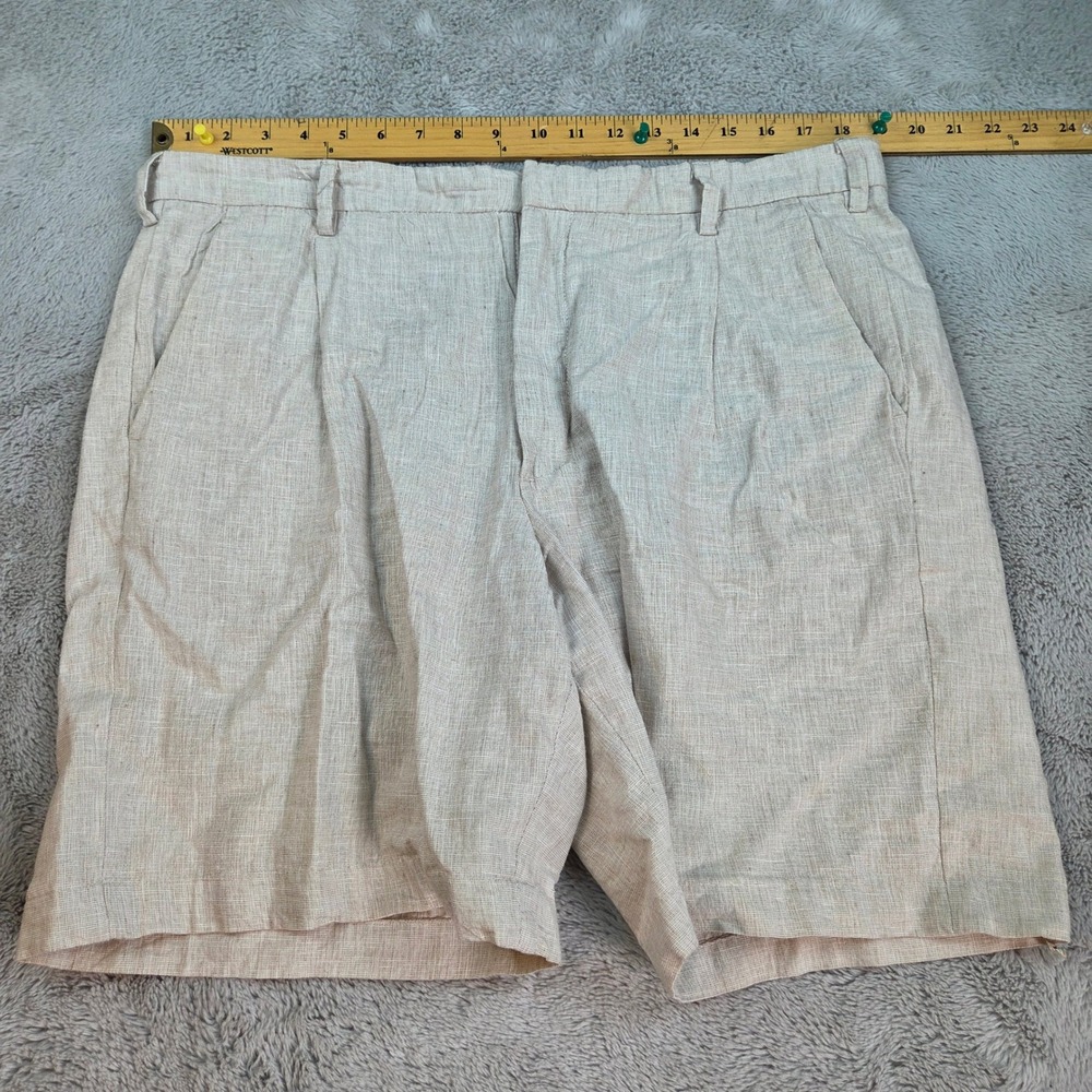 Linen Chino Shorts Mens Sz 36 Regular Fit Pleated Front Cotton Blend Beige